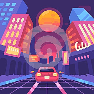 Night neon city street 1980s style flat illustration. New Retro Wave