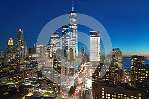 Night New York City, Manhattan famous top view. Manhattan from above. NYC panorama. NYC skyline at twilight. New York