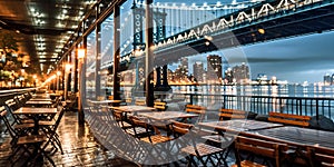 night New York city panoramic , blurred neon light reflection,sea water , starry sky and moon