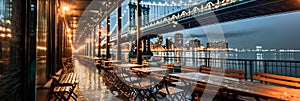 night New York city panoramic , blurred neon light reflection,sea water , starry sky and moon