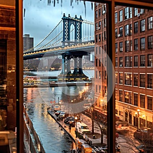 night New York city panoramic , blurred neon light reflection,sea water , starry sky and moon