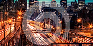 night New York city panoramic , blurred neon light reflection,sea water , starry sky and moon