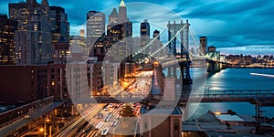 night New York city panoramic , blurred neon light reflection,sea water , starry sky and moon