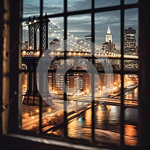 night New York city panoramic , blurred neon light reflection,sea water , starry sky and moon