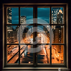 night New York city panoramic , blurred neon light reflection,sea water , starry sky and moon