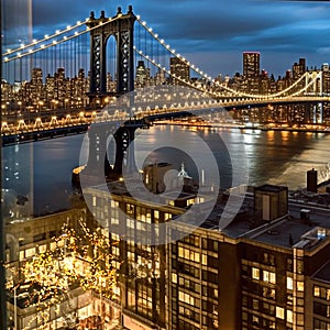 night New York city panoramic , blurred neon light reflection,sea water , starry sky and moon