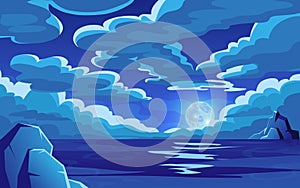 Night ocean landscape with cloud in sky. Dark scene, sea moon horizon, space time, magic lake with moonlight. Deep dark