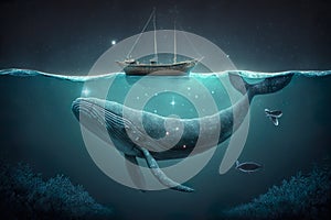 Night Ocean With Wale Under Water, Small Swimming Boat On The Water Surface - Generative AI
