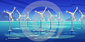 Night offshore farm with windmills in sea water