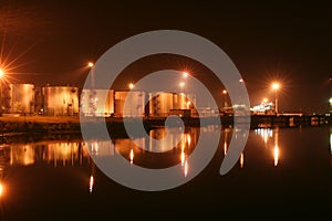 Night oil tanks in the harbor