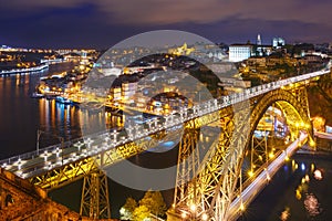 Night Old town and Douro river in Porto, Portugal.