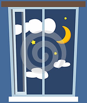 Night out window icon in cartoon style on blue background. Night sky with stars, clouds and moon