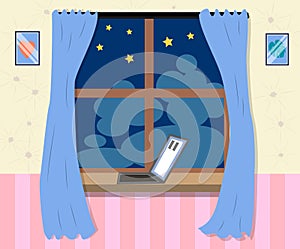 Night out the window icon in cartoon style. Sleep and rest symbol.