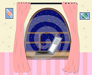 Night out the window icon in cartoon style. Sleep and rest symbol.