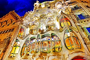 Night outdoor view Gaudi's creation-house Casa Batlo.