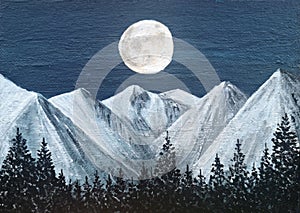 Full moon over the mountains   - Acrylic painting