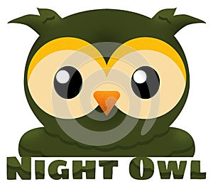 Night Owl Green with Big Eyes Insomnia Concept Kids Illustration Clipping Path