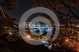 Night panorama of Belgrade waterfront from Kalemegdan fortress