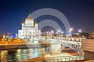 Night panorama cathedral of Christ the Savior and Patriarchal bridge