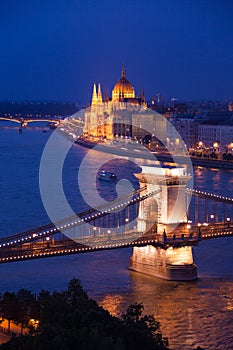 Night panorama of Chain Bridge and parliament