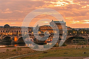 Night panorama of Dresden Old town with reflections in Elbe river