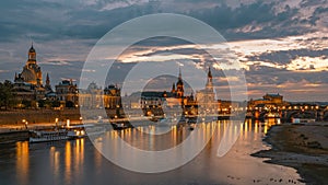 Night panorama of Dresden Old town with reflections in Elbe river