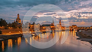 Night panorama of Dresden Old town with reflections in Elbe river