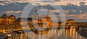 Night panorama of Dresden Old town with reflections in Elbe river