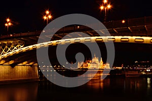 Night panorama of the Hungarian Parliament in Budapest. view from under the Margaret bridge