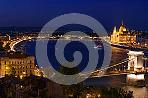 Night panorama of Hungarian Parliament Building, SzÃ©chenyi Chain Bridge, and River Danube in Budapest, Hungary