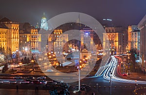 Night panorama of Independence Square, the central square of Kyiv and center of Ukrainian Revolution, Ukraine