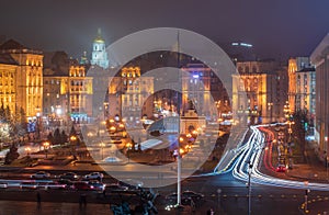 Night panorama of Independence Square, the central square of Kyiv and center of Ukrainian Revolution, Ukraine photo