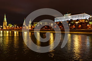 Night panorama of Moscow Kremlin and Moskva river with illumination. Moscow historical center landscape