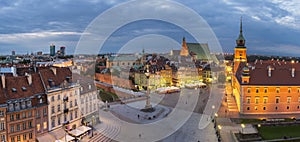 Night Panorama of Old Town in Warsaw, Poland
