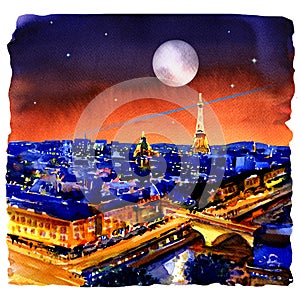 Night panorama of Paris skyline, Eiffel tower, beautiful view from Montparnasse, France, watercolor illustration