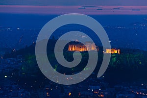 Night panorama, Parthenon temple, Athens in Greece