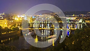 Night panorama to the bridges in Prague, the Czech Republic