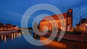 NIght panorama of tumski bridge and church, Wroclaw, Poland