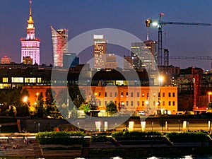 Night panorama on the Vistula boulevards and Warsaw.