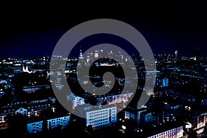 Night panorama of Warsaw city center, Poland. City Center. Europe. Aerial View