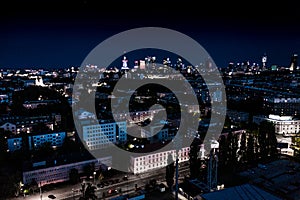 Night panorama of Warsaw city center, Poland. City Center. Europe. Aerial View