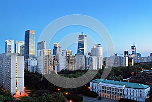 Night panorama of Warsaw city center. View of the city center