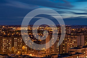 Night panoramic aerial winter cityscape view of living area in Voronezh city