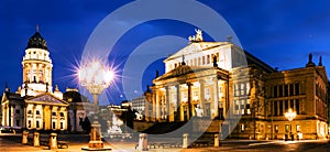 Night panoramic. Gendarmenmarkt square with German Cathedral