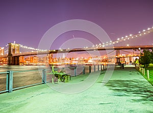 Night panoramic skyline view of Brooklyn Bridge