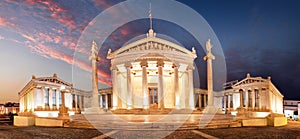 Night Panoramic view of Academy of Athens, Attica, Greece