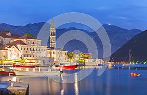 Night panoramic view of Perast old town with famous campanile of