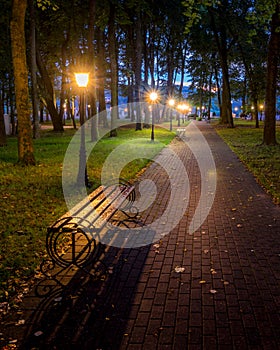A night park lit by lanterns with a stone pavement, trees, fallen leaves and benches in early autumn