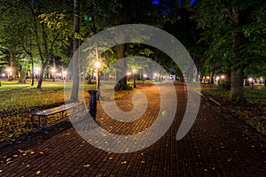 A night park lit by lanterns with a stone pavement, trees, fallen leaves and benches in early autumn