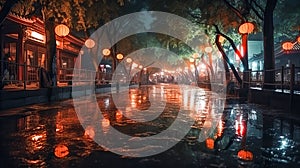 Night park after rain, illuminated by lanterns